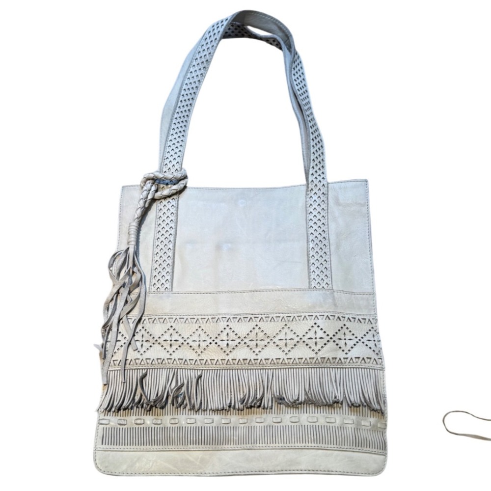 Latico Leather Tote Bag Laser Cut Fringe Tassel Boho Off White‎ Cream Shoulder